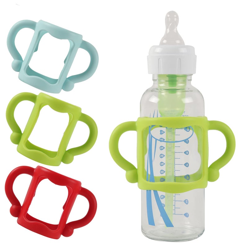 TonGass (3-Pack) Bottle Handles for Dr Brown Narrow Baby Bottles with Easy Grip Handles to Hold Their Own Bottle - BPA-Free Soft Silicone - Red Green and Blue - Image 1
