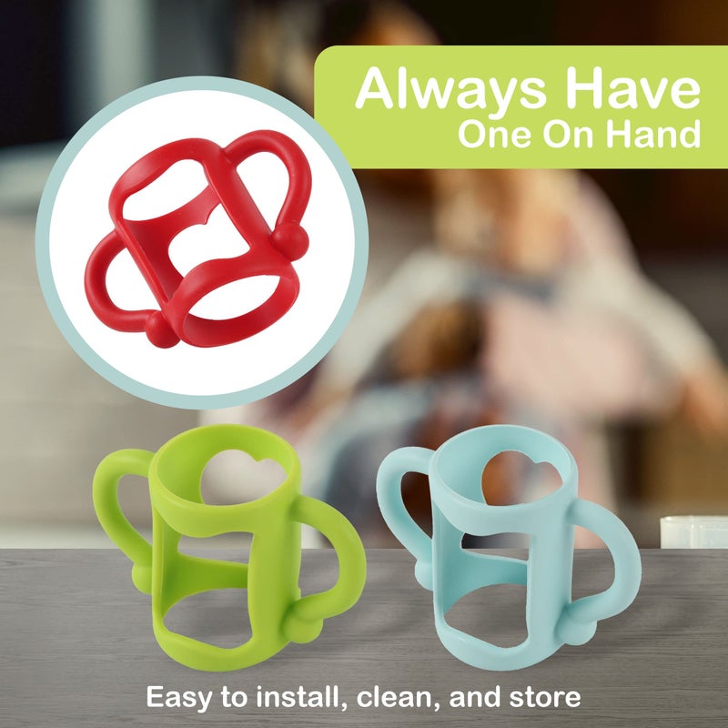 TonGass (3-Pack) Bottle Handles for Dr Brown Narrow Baby Bottles with Easy Grip Handles to Hold Their Own Bottle - BPA-Free Soft Silicone - Red Green and Blue - Image 4