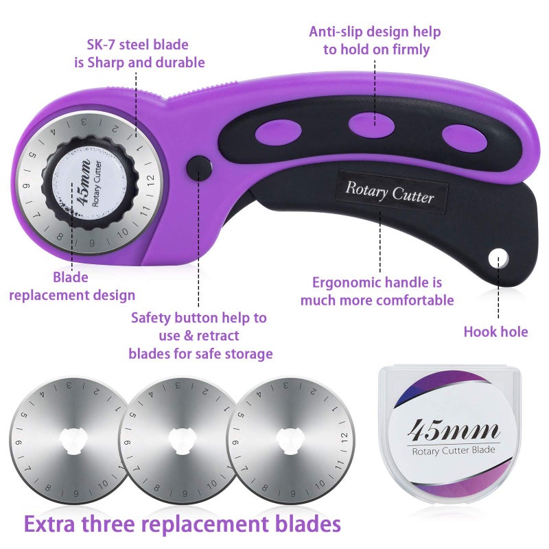Nicecho Rotary Cutter Set,Sewing Quilting Supplies,45mm Fabric Cutters,A3 Cutting Mat for Sewing,Acrylic Rulers,Scissors,Exacto Knife,Clips,Beginners Sewing Accessories,Fabric Cutter Kit - Image 2