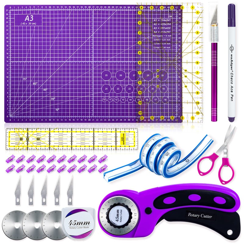 Nicecho Rotary Cutter Set,Sewing Quilting Supplies,45mm Fabric Cutters,A3 Cutting Mat for Sewing,Acrylic Rulers,Scissors,Exacto Knife,Clips,Beginners Sewing Accessories,Fabric Cutter Kit - Image 1