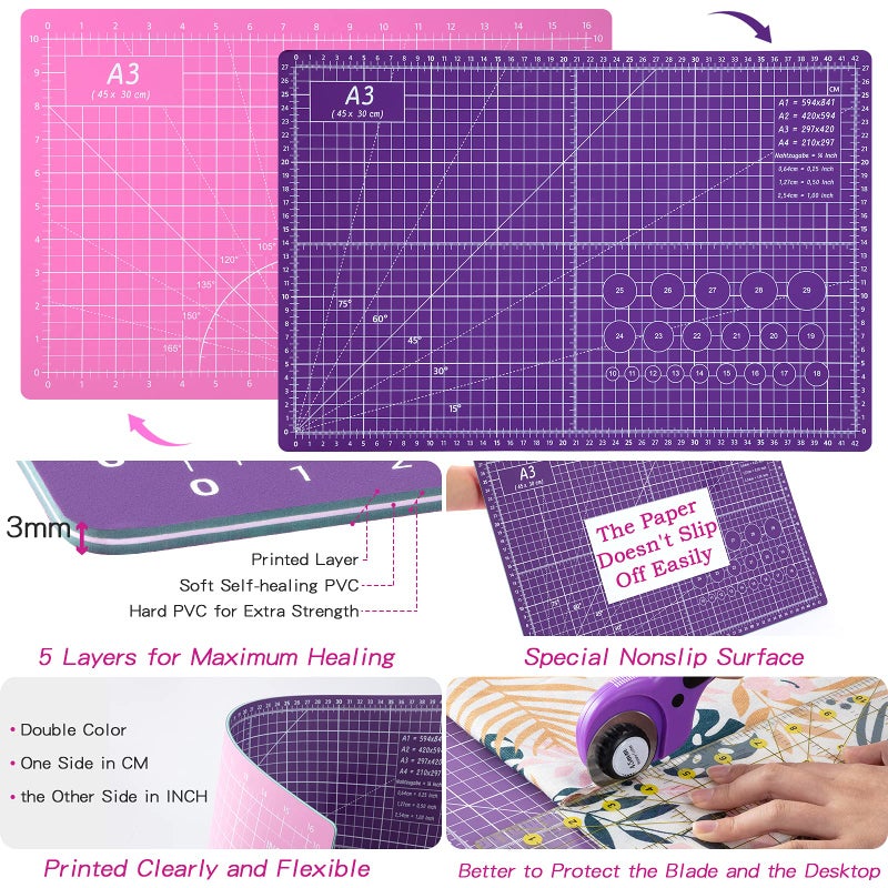 Nicecho Rotary Cutter Set,Sewing Quilting Supplies,45mm Fabric Cutters,A3 Cutting Mat for Sewing,Acrylic Rulers,Scissors,Exacto Knife,Clips,Beginners Sewing Accessories,Fabric Cutter Kit - Image 4
