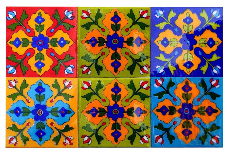 Shiv Kripa Blue Pottery Show Room Floor Decorative Tile Seamless Pattern Traditional Handmade Install Furniture Backsplash Designer Decorative Wall Floor Furniture 4 x 4 Inch Pack of 6 Tiles Multi