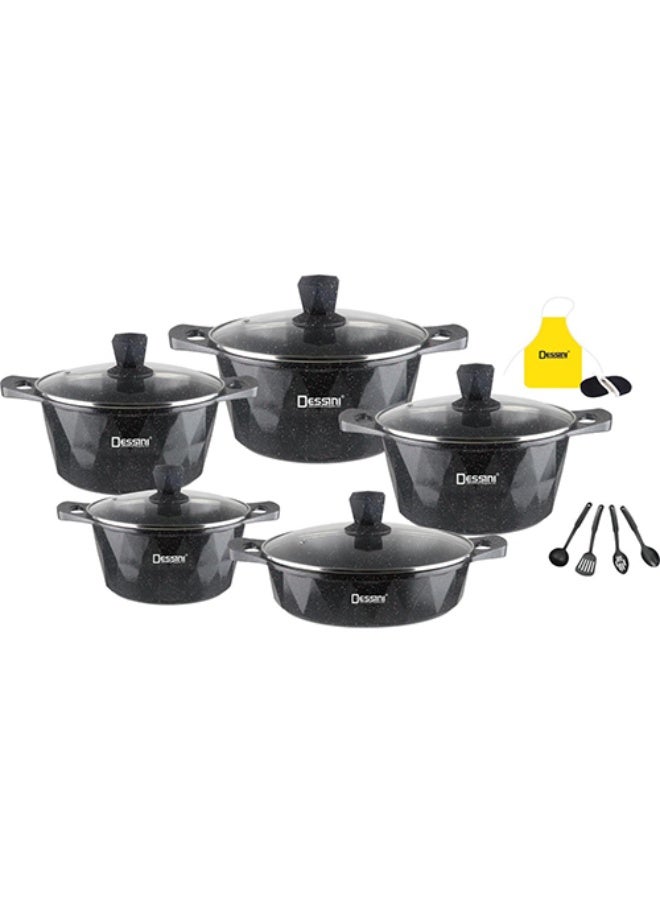 DESSINI طقم أواني الطهي غير اللاصقة من ديسيني 17 قطعة 20/24/28/32 سم قدر، 28 سم قدر ضحل 320 أسود - خالي من PFOA