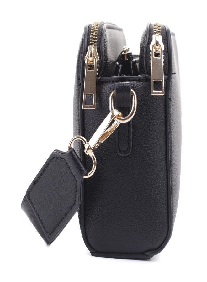 EVVE Crossbody Bags for Women Trendy Triple Zip Small Crossbody Camera Bag Purse with Wide Guitar Strap | Black - Image 4