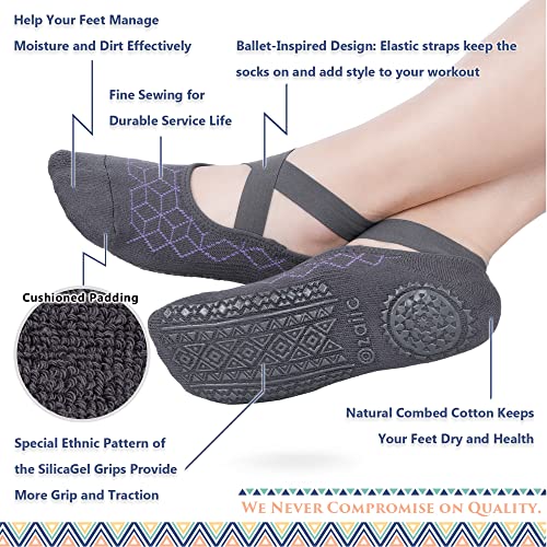 Ozaiic Non Slip Socks for Yoga Pilates Barre Fitness Hospital Socks for Women (4 Pairs -Blue/Purple/Pink/Dark Gray) - Image 5