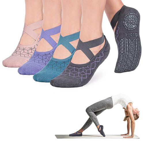 Ozaiic Non Slip Socks for Yoga Pilates Barre Fitness Hospital Socks for Women (4 Pairs -Blue/Purple/Pink/Dark Gray) - Image 1