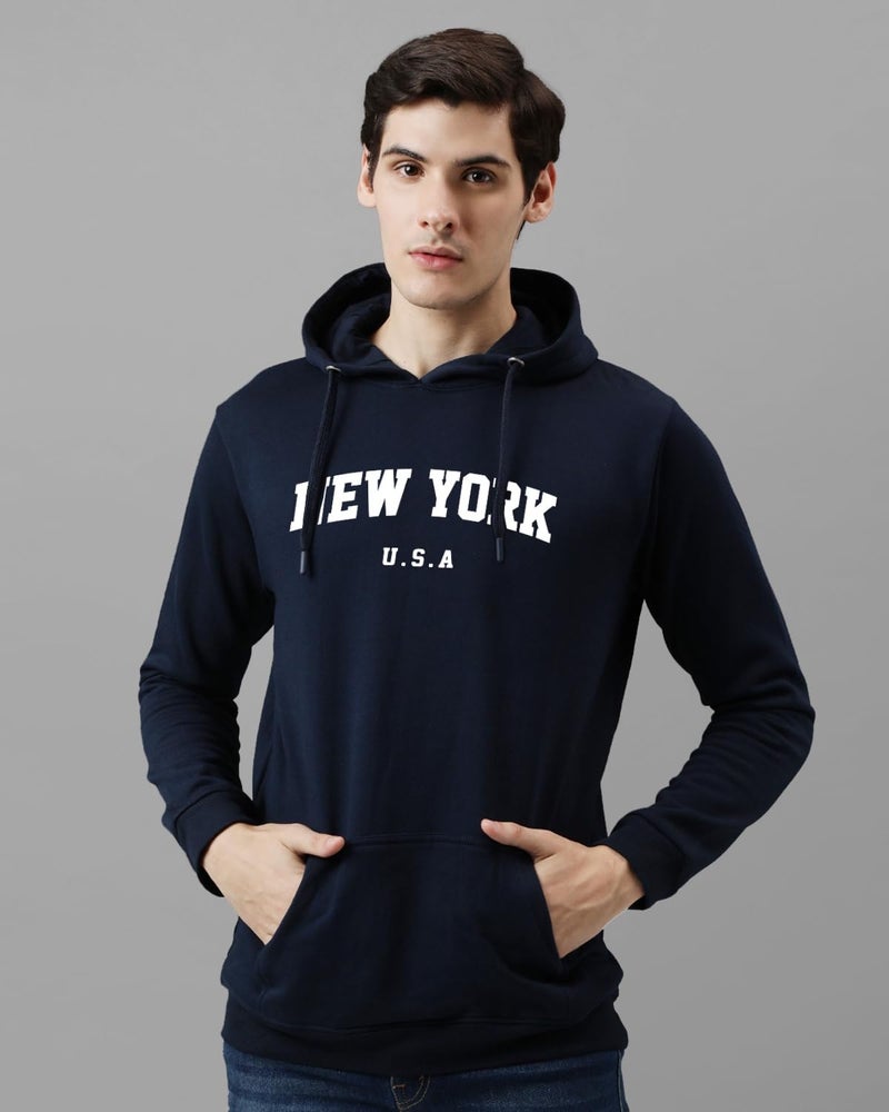 ADRO Men's Cotton Blend Neck Hooded Sweatshirt (H24-NEW-NB_Navy Blue - Image 3