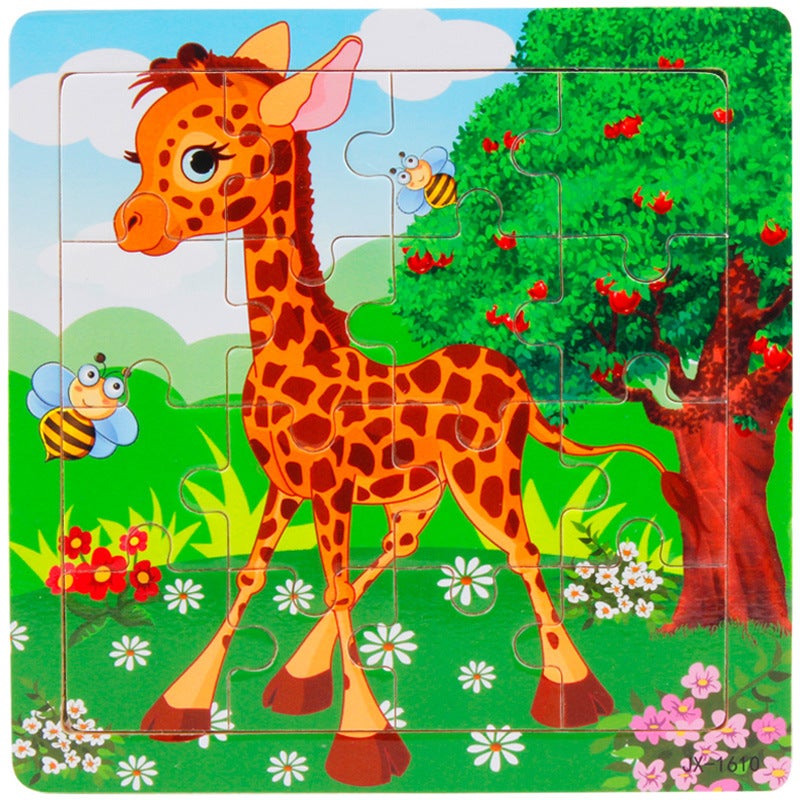 Wooden 16-Piece Puzzle Cartoon Animal Transportation Toddler Mathematics Chinese Pinyin Puzzle Fun - Image 1