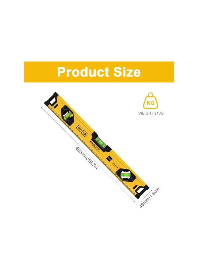 PROMASS promass Spirit Level, Aluminium Alloy 400mm/16 Inch Shock Proof Torpedo Level Tool, with Magnetic Base and 3 Bubble Vials, Durable and Accurate Leveling for Construction and DIY Projects, Yellow  - Image 2