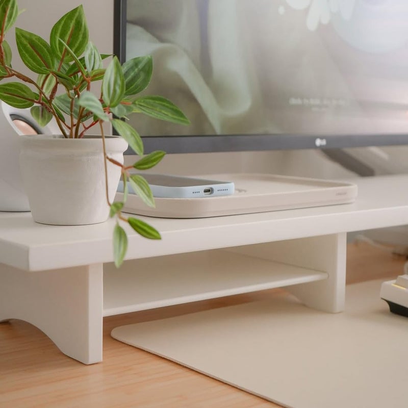 ROCDEER Bamboo Dual Monitor Stand Riser White, 2-Tier Desk Monitor Riser for 2 Monitors, Supports for PC Computer Monitor, Printer, Heavy TV Riser up to 300 lbs, White - Image 5