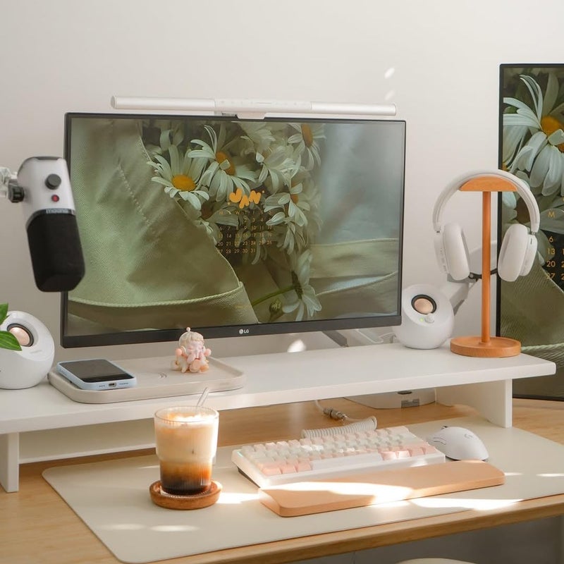 ROCDEER Bamboo Dual Monitor Stand Riser White, 2-Tier Desk Monitor Riser for 2 Monitors, Supports for PC Computer Monitor, Printer, Heavy TV Riser up to 300 lbs, White - Image 1
