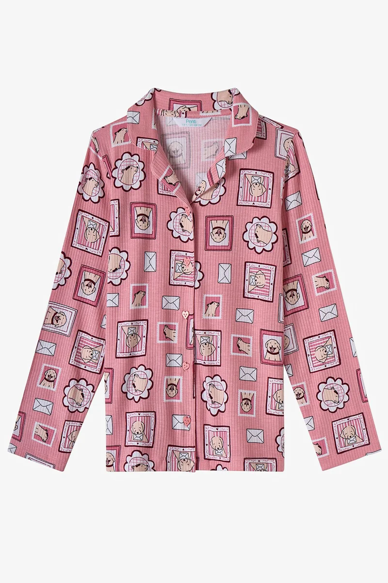Penti PENTI Girls' Kind Mailing Dog Print Long Sleeve Shirt Trousers Pajama Set