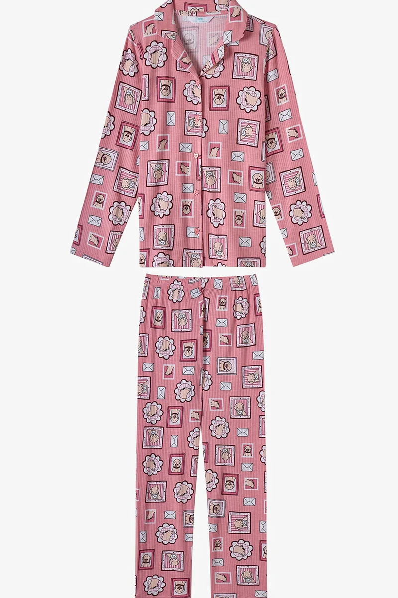 Penti PENTI Girls' Kind Mailing Dog Print Long Sleeve Shirt Trousers Pajama Set