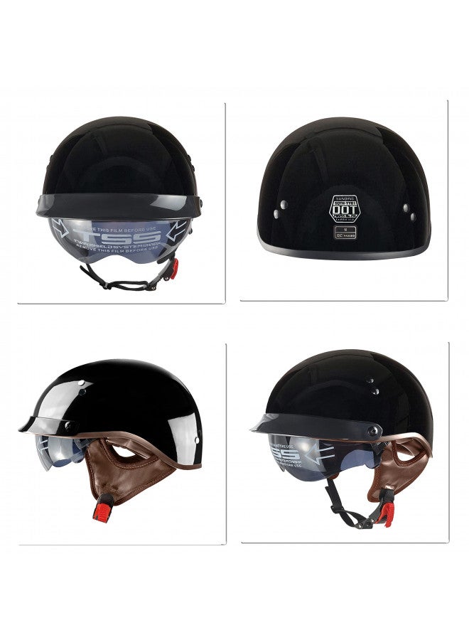 SanQing Motorcycle Half Helmet with Retractable Inner Sun Shade Quick Release Buckle DOT Approved Half Face Cycling Helmets for Men Women Adult(Glossy Black,Large) - Image 1