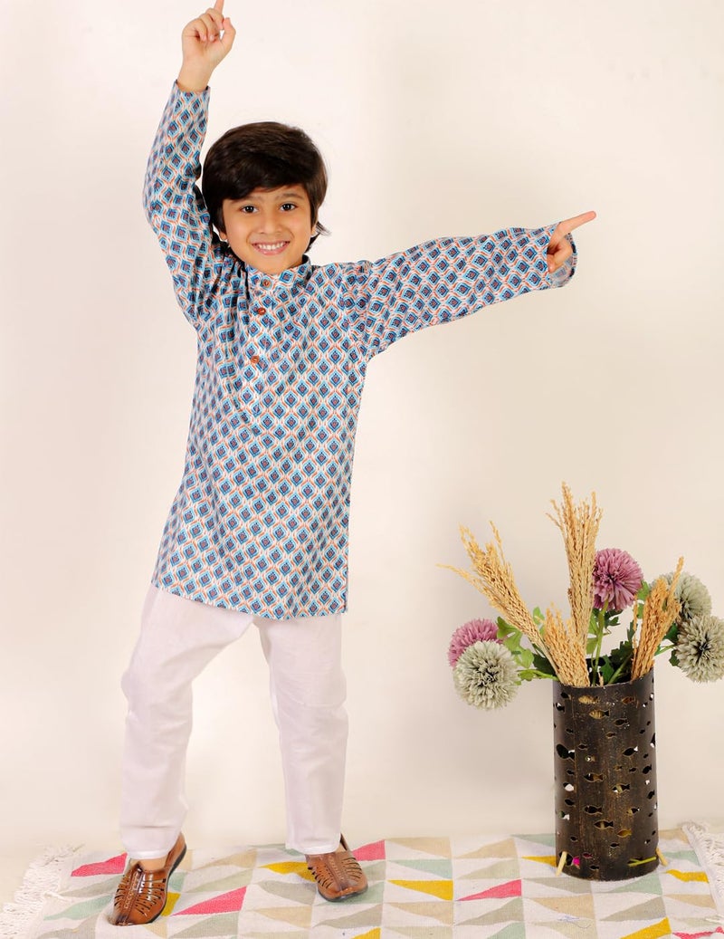 superminis Baby Boys Printed Cotton Kurta With White Pyjama Dress (4-5 Years, Blue) - Image 4