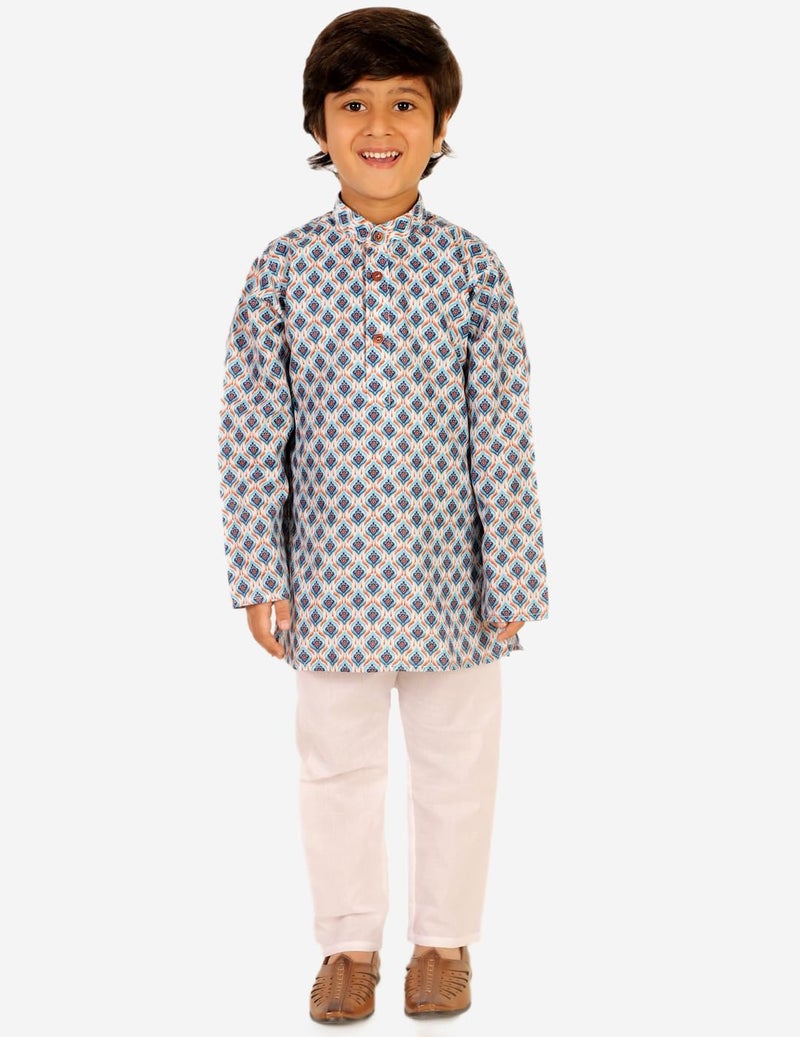 superminis Baby Boys Printed Cotton Kurta With White Pyjama Dress (4-5 Years, Blue) - Image 2