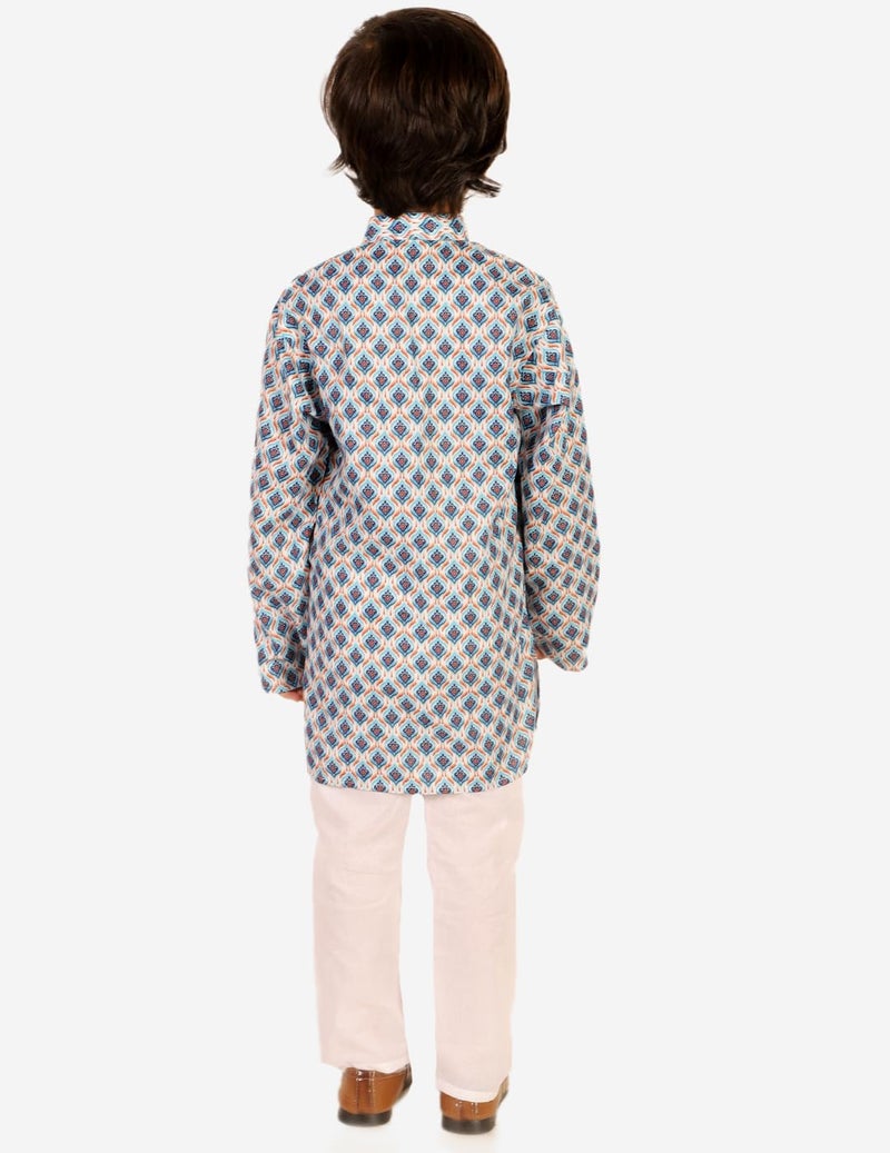 superminis Baby Boys Printed Cotton Kurta With White Pyjama Dress (4-5 Years, Blue) - Image 3