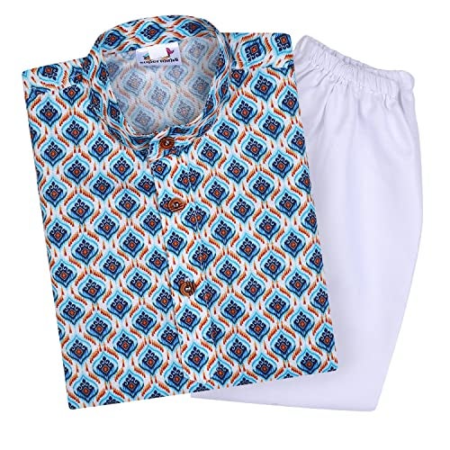 superminis Baby Boys Printed Cotton Kurta With White Pyjama Dress (4-5 Years, Blue) - Image 1