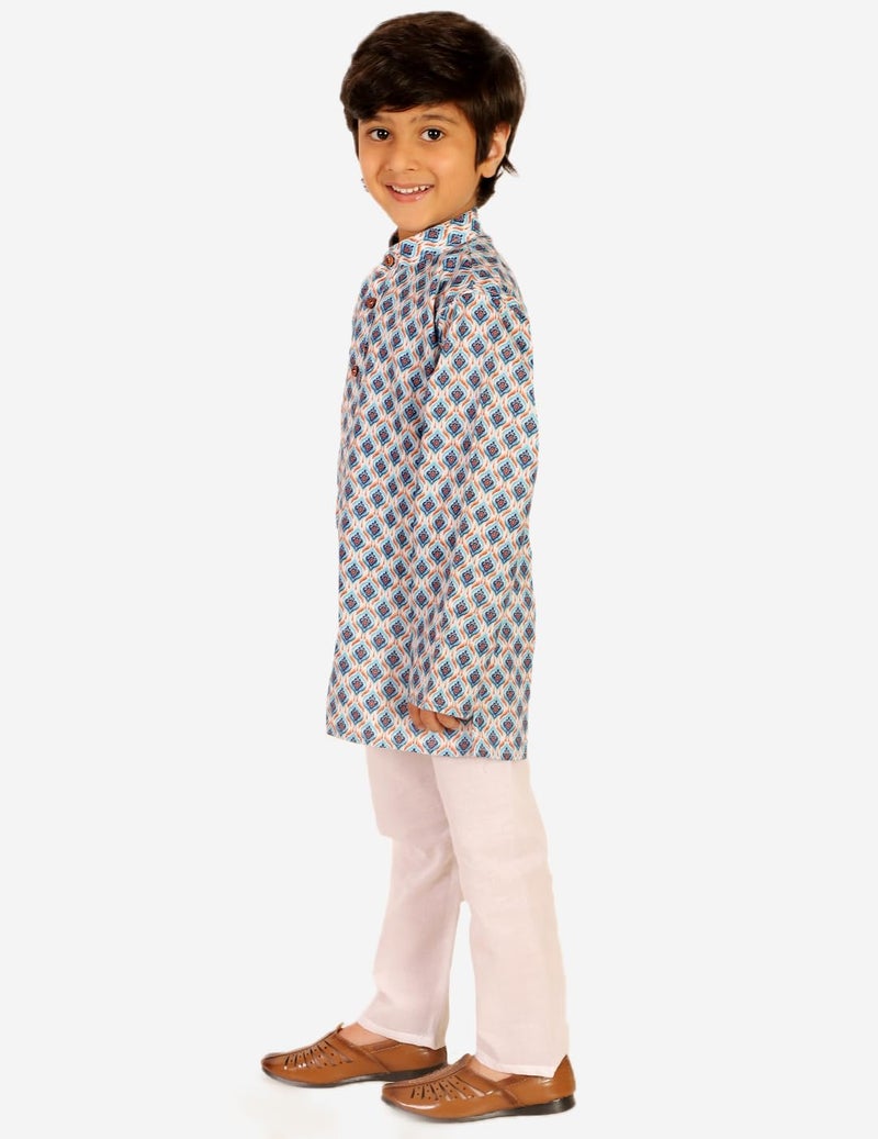 superminis Baby Boys Printed Cotton Kurta With White Pyjama Dress (4-5 Years, Blue) - Image 5