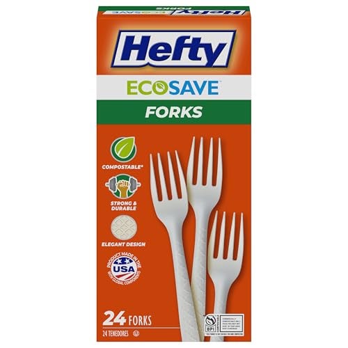 Hefty ECOSAVE Compostable Forks, Disposable Forks for BBQs, Tailgates, Camping, Parties, and More, Strong and Durable Construction, Sustainable Design, 24 Count - Image 1