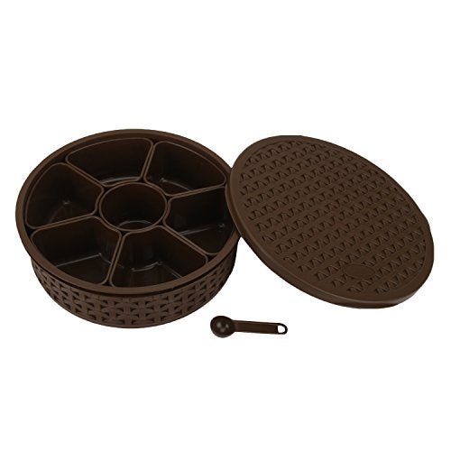Jaypee Plus Spice Souk Knitted Pattren 7 compartment Air Tight Kitchen Organizer Round Masala Dabba | Spice Box | Spice Jar with Spoon for Kitchen, Brown - Image 1