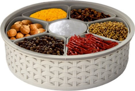Jaypee Plus Spice Souk Knitted Pattren 7 compartment Air Tight Kitchen Organizer Round Masala Dabba | Spice Box | Spice Jar with Spoon for Kitchen, Brown - Image 2