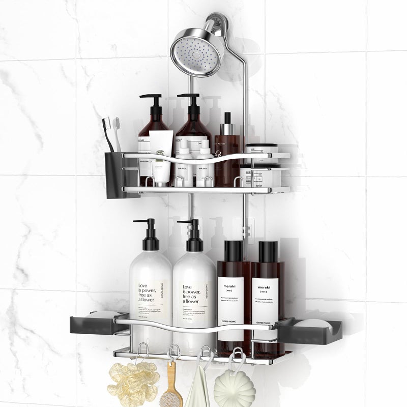 Reinhardt Shower Caddy Hanging  Rustproof Shower Caddy Anti-Swing Shower Organizer Over Showerhead No Drilling Shower Racks With Soap Holder Multi Hooks Bathroom Storage For Shampoo Sponge  Silver - Image 1