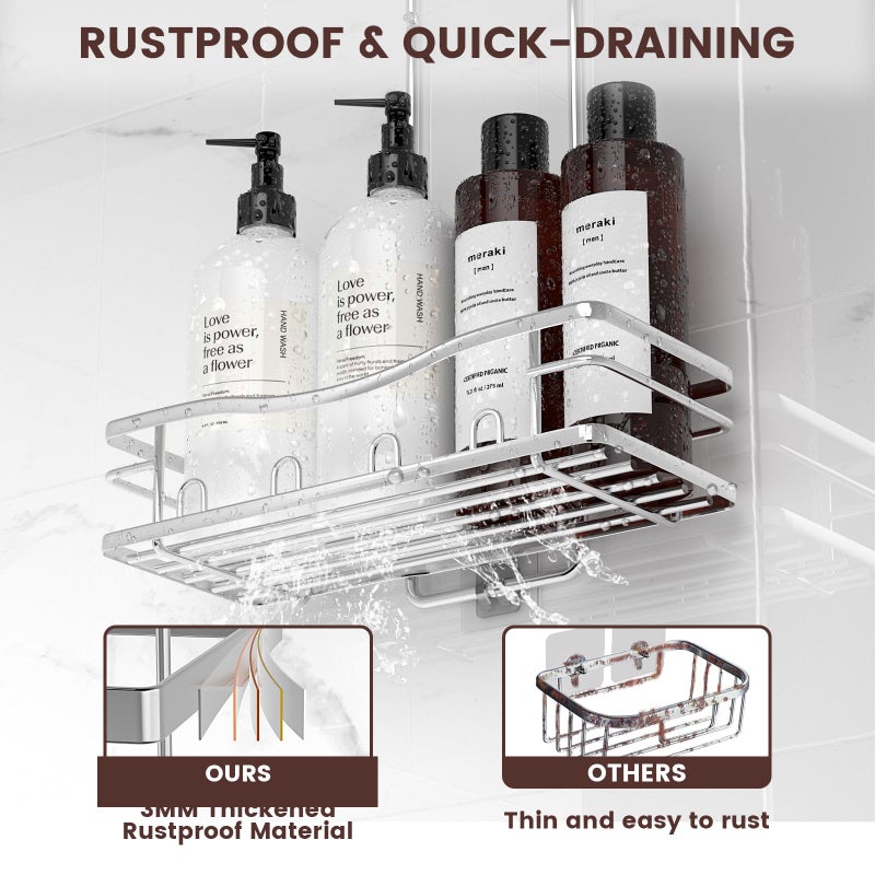 Reinhardt Shower Caddy Hanging  Rustproof Shower Caddy Anti-Swing Shower Organizer Over Showerhead No Drilling Shower Racks With Soap Holder Multi Hooks Bathroom Storage For Shampoo Sponge  Silver - Image 4