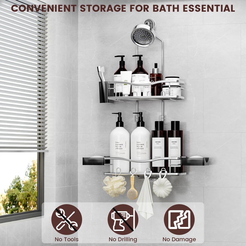 Reinhardt Shower Caddy Hanging  Rustproof Shower Caddy Anti-Swing Shower Organizer Over Showerhead No Drilling Shower Racks With Soap Holder Multi Hooks Bathroom Storage For Shampoo Sponge  Silver - Image 2