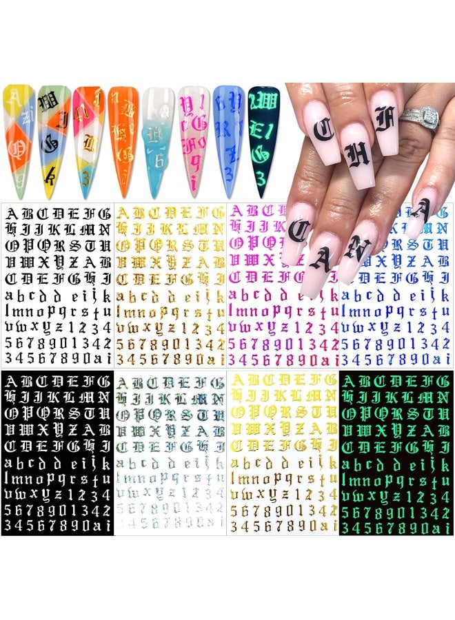 FUMIHIT Letter Nail Art Stickers Number Nail Decals Nail Art Supplies Old English Alphabet Nail Sticker Designs Holographic English Font Letters Stickers For Acrylic Nails Decorations 8 Sheets - Image 1
