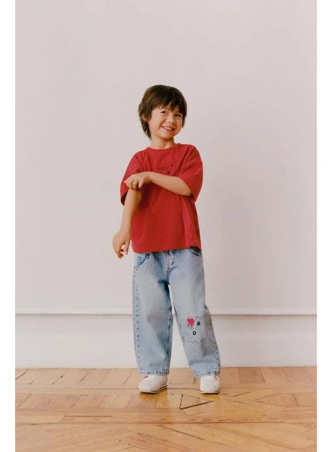 Magu Girls' Cotton Light Blue Printed Jeans - Elastic Waist