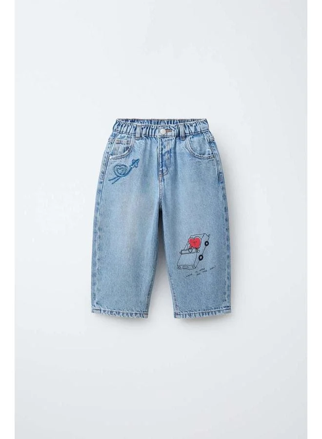 Magu Girls' Cotton Light Blue Printed Jeans - Elastic Waist
