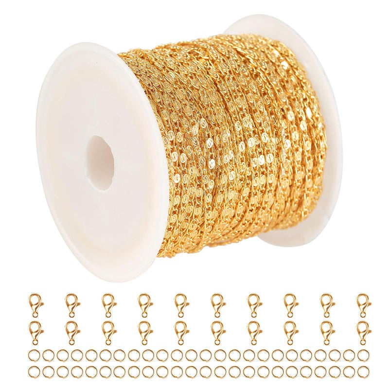YOUBEIYEE 10 Meters Jewelry Chain for Jewelry Making 18K Gold Plated Chain Necklace for Women Light Gold Chain Roll with 20pcs Lobster Clasps 50pcs Jump Rings