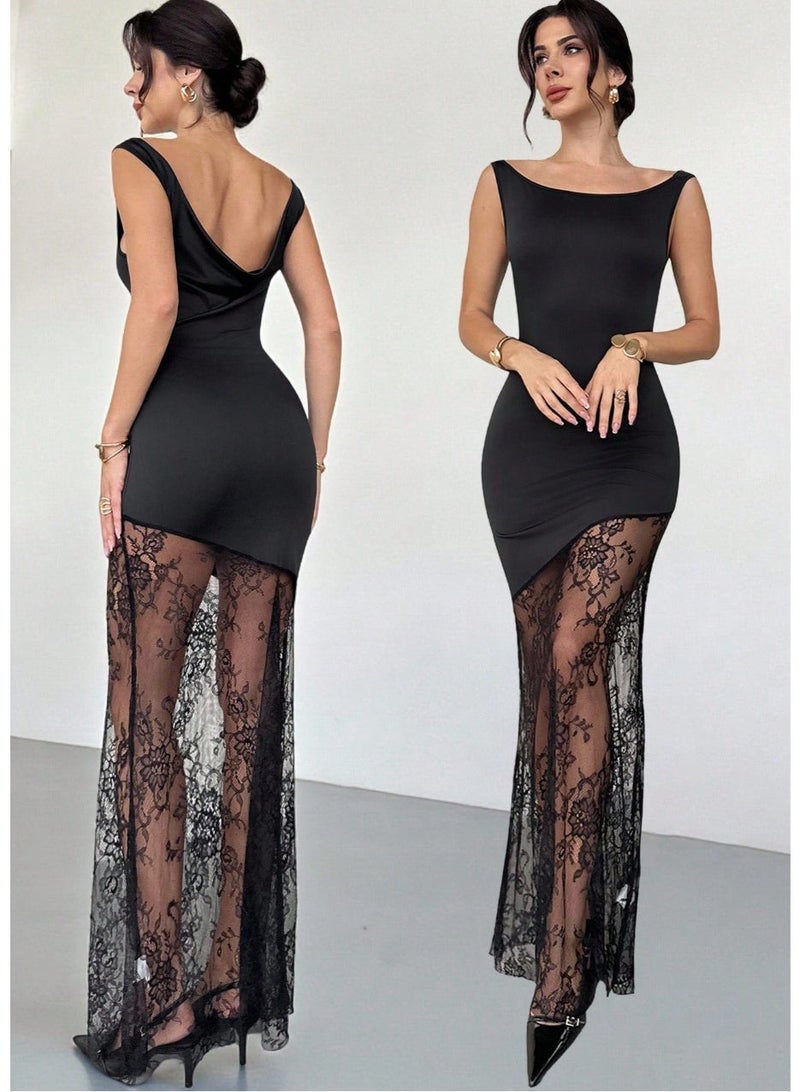 Shein Elegant Black Lace Patchwork Long Party Dress For Women,Summer Night Out Casual New Year Christmas Thanksgiving Outfits,Festival Party Dresses - Image 1