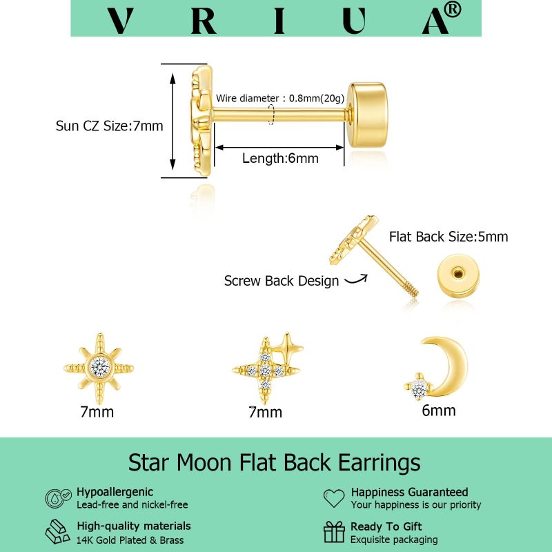VRIUA Hypoallergenic Flat Back Earrings for Women - 14K Gold Plated Small Star Moon Sun Flat Back Stud Earrings Cartilage Helix Piercing Jewelry - Image 4
