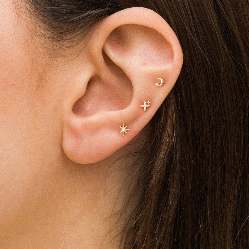 VRIUA Hypoallergenic Flat Back Earrings for Women - 14K Gold Plated Small Star Moon Sun Flat Back Stud Earrings Cartilage Helix Piercing Jewelry - Image 2