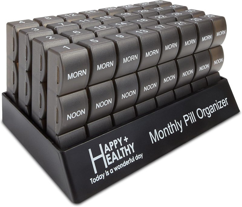 MEDca Month Pill Box Organizer - 32 Compartments | Morning-Noon-Night - 30 Day Pill Case with 32 Daily Compartments for Vitamins, Supplements, Medication - Travel Monthly Pill Organizer 3 Times-a-Day, Grey - Image 1