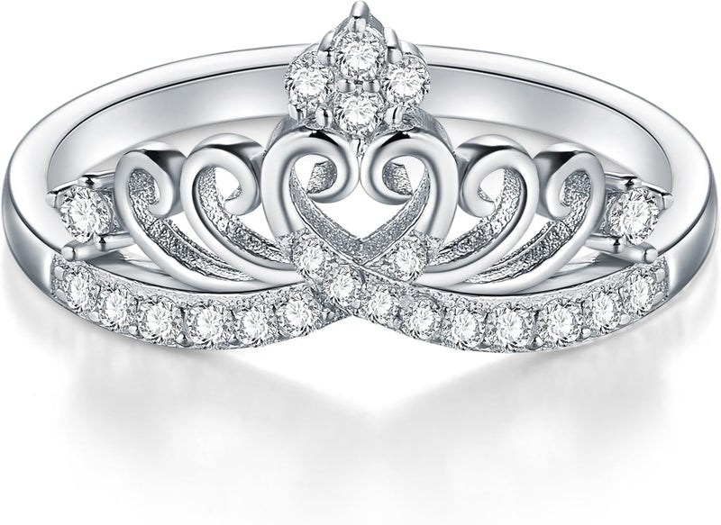 BORUO Princess Crown Tiara Wedding CZ Band - Premium Crown Rings For Women - Cubic Zirconia Ring - Sterling Silver Rings - Rings For Women With Platinum Plating Over Sterling Silver - 2mm 925 Silver Ring With Eco Friendly Bag Size 4-12 - Image 2