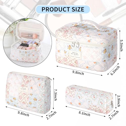 senbowe Floral Makeup Bag 3 Pack Large Cotton Quilted Makeup Bag Set Cute Floral Coquette Aesthetic Toiletry Bag Make Up Cosmetic Bag for Women Toiletry Travel Make Up Organizer Bag - Image 3