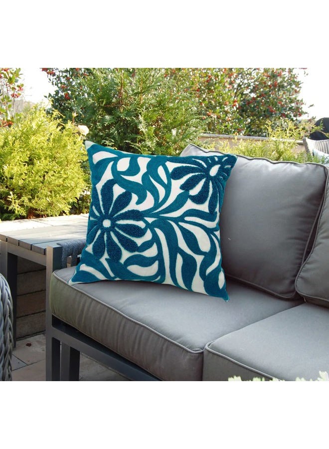 Alysheer Farmhouse Floral Leaves Embroidered Decorative Throw Pillow Cover 18x18 inches, Boho Tufted Flowers Embroidery Pattern Chic Cotton Cushion Case for Couch Bed Sofa Living Room(Teal Blue) - Image 2