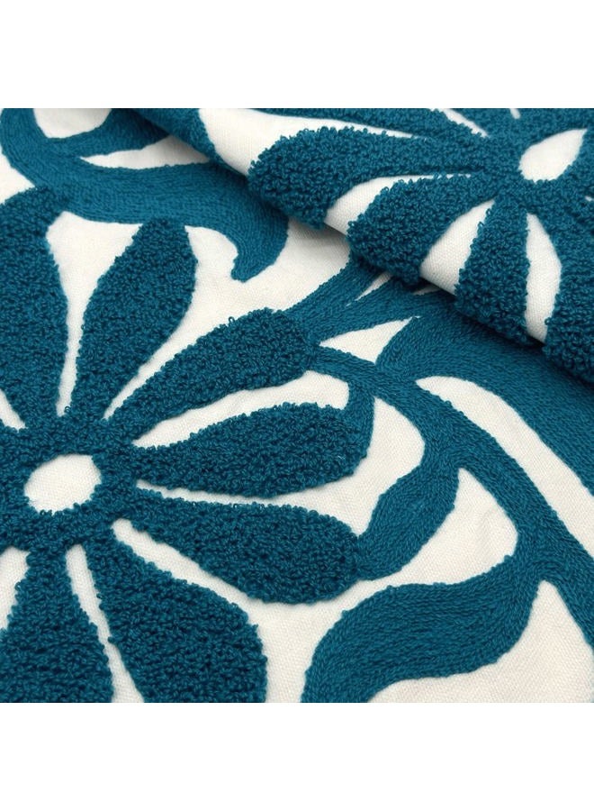 Alysheer Farmhouse Floral Leaves Embroidered Decorative Throw Pillow Cover 18x18 inches, Boho Tufted Flowers Embroidery Pattern Chic Cotton Cushion Case for Couch Bed Sofa Living Room(Teal Blue) - Image 3