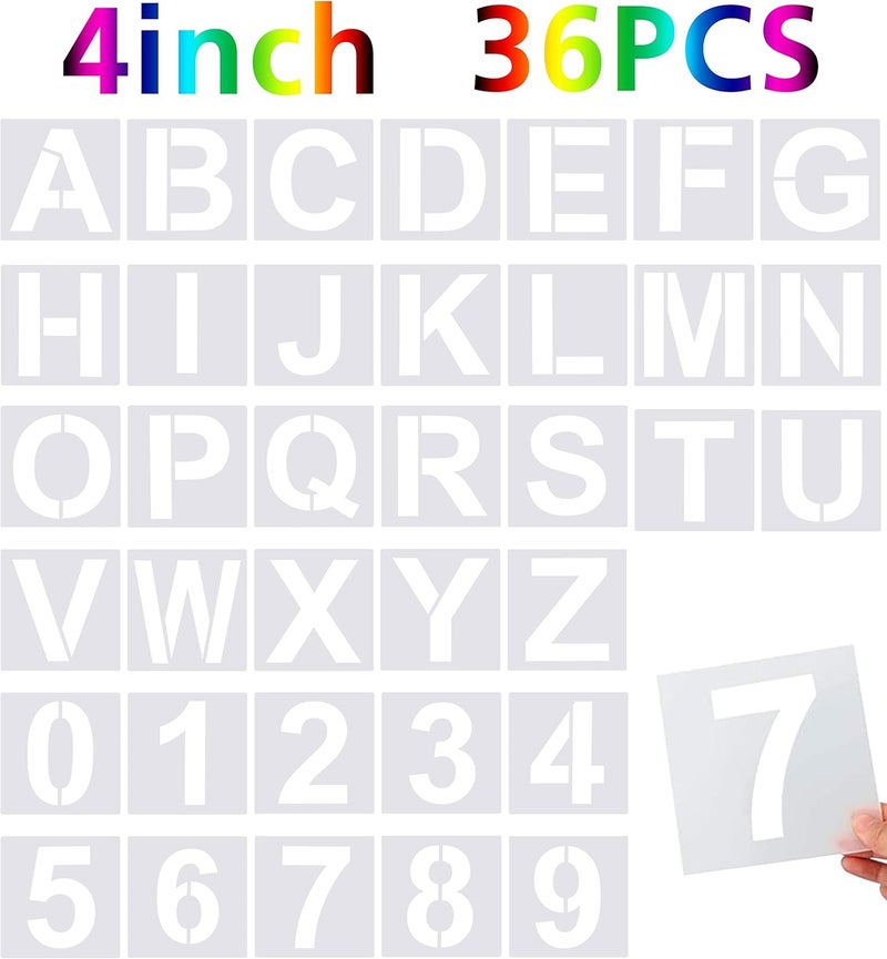 FEBSNOW 36 Pcs Large Alphabet & Number Stencils, Reusable Letter Stencils for Wood, Wall, Fabric, Rock, Chalkboard, Glass (4 Inches) - Image 1