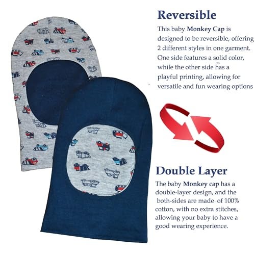 VParents Cotton Baby Boys and Girls Reversible Monkey Cap Pack of 3 -Multicolour (6-12 Months) - Image 5