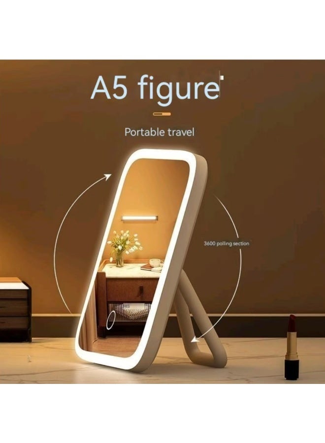 Fstyle Portable Folding LED Makeup Mirror – Tri-Color Dimmable Light, Touch Screen, USB Fast Charging, 360° Rotation, Travel & Bedroom Vanity Mirror - Image 3