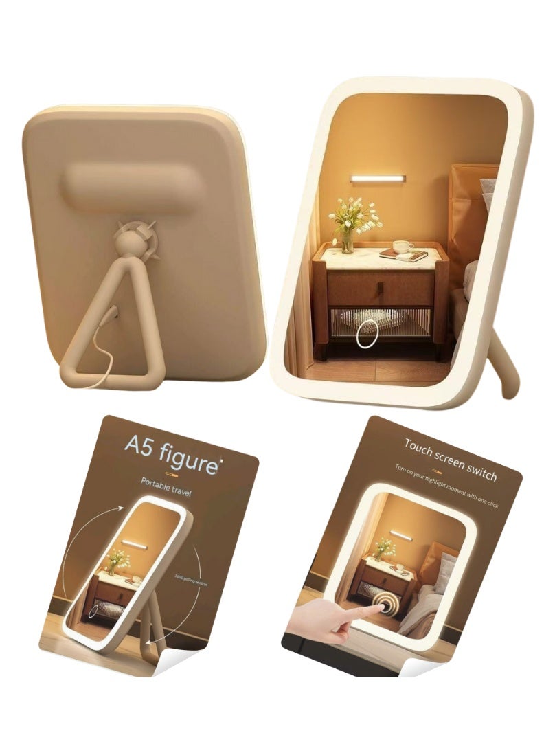 Fstyle Portable Folding LED Makeup Mirror – Tri-Color Dimmable Light, Touch Screen, USB Fast Charging, 360° Rotation, Travel & Bedroom Vanity Mirror - Image 1