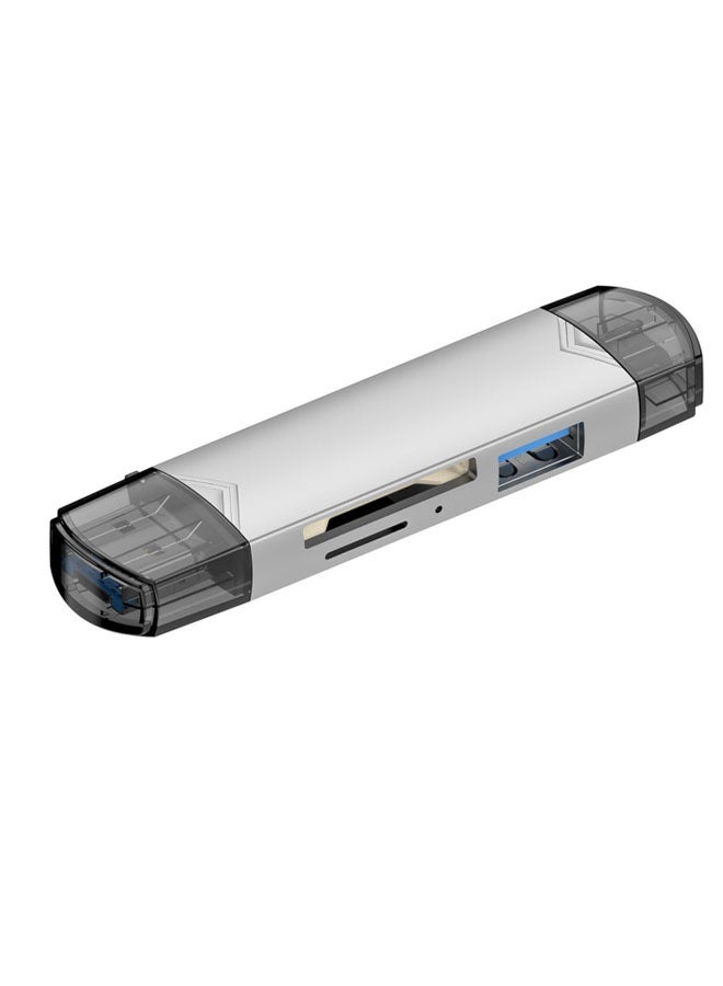 Micro SD aluminium case Card reader, 6-in-1 USB 2 Type-C flash card reader Multi-function adapter for Windows laptops, the new MacBook Nexus, tablets, Android smartphones, etc. Silver Grey  - Image 1