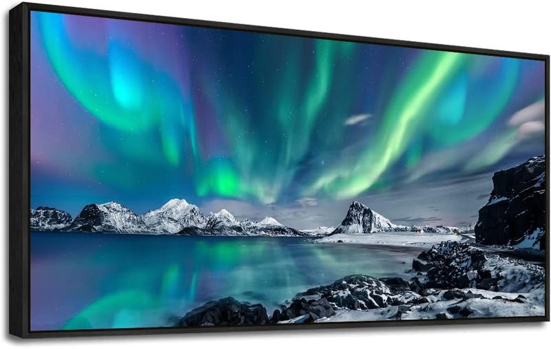 MHARTK66 Framed Canvas Wall Art - Blue Aurora Scenery - Image 1