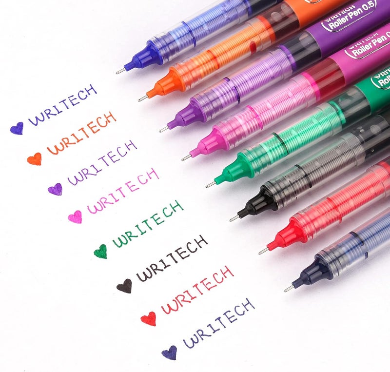 WRITECH Liquid Ink RollerBall Pens Quick Dry Ink 0.5 mm Extra Fine Point Pens 8 Pcs Rollering Pens Assorted Colors Ink for Writing, Taking Notes & Sketching (Multicolor) - Image 2