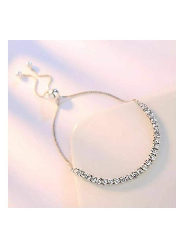 Rwnq Silver Stainless Steel Adjustable Bracelet Adorned with Sparkling Crystals for Women - Elegant and Dainty Cubic Zirconia Design - Perfect Gift for Her, Ideal for Daily Wear & Special Occasions - Women's Bracelet - Ladies Accessories - Stainless Steel Jewelry - Jewelry - Accessories  - Image 1