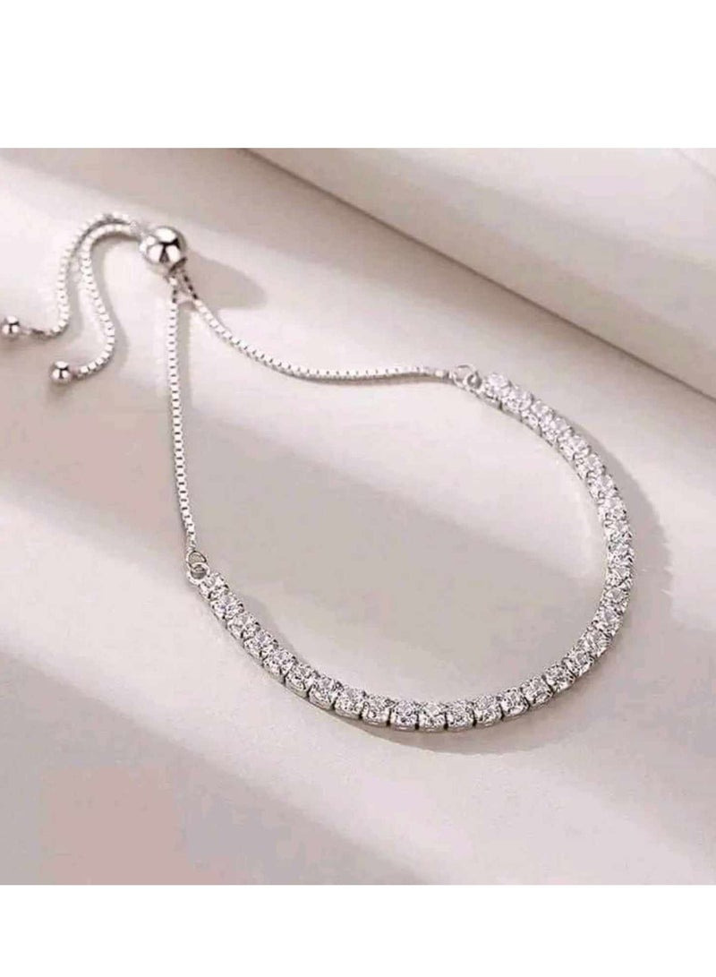 Rwnq Silver Stainless Steel Adjustable Bracelet Adorned with Sparkling Crystals for Women - Elegant and Dainty Cubic Zirconia Design - Perfect Gift for Her, Ideal for Daily Wear & Special Occasions - Women's Bracelet - Ladies Accessories - Stainless Steel Jewelry - Jewelry - Accessories  - Image 2